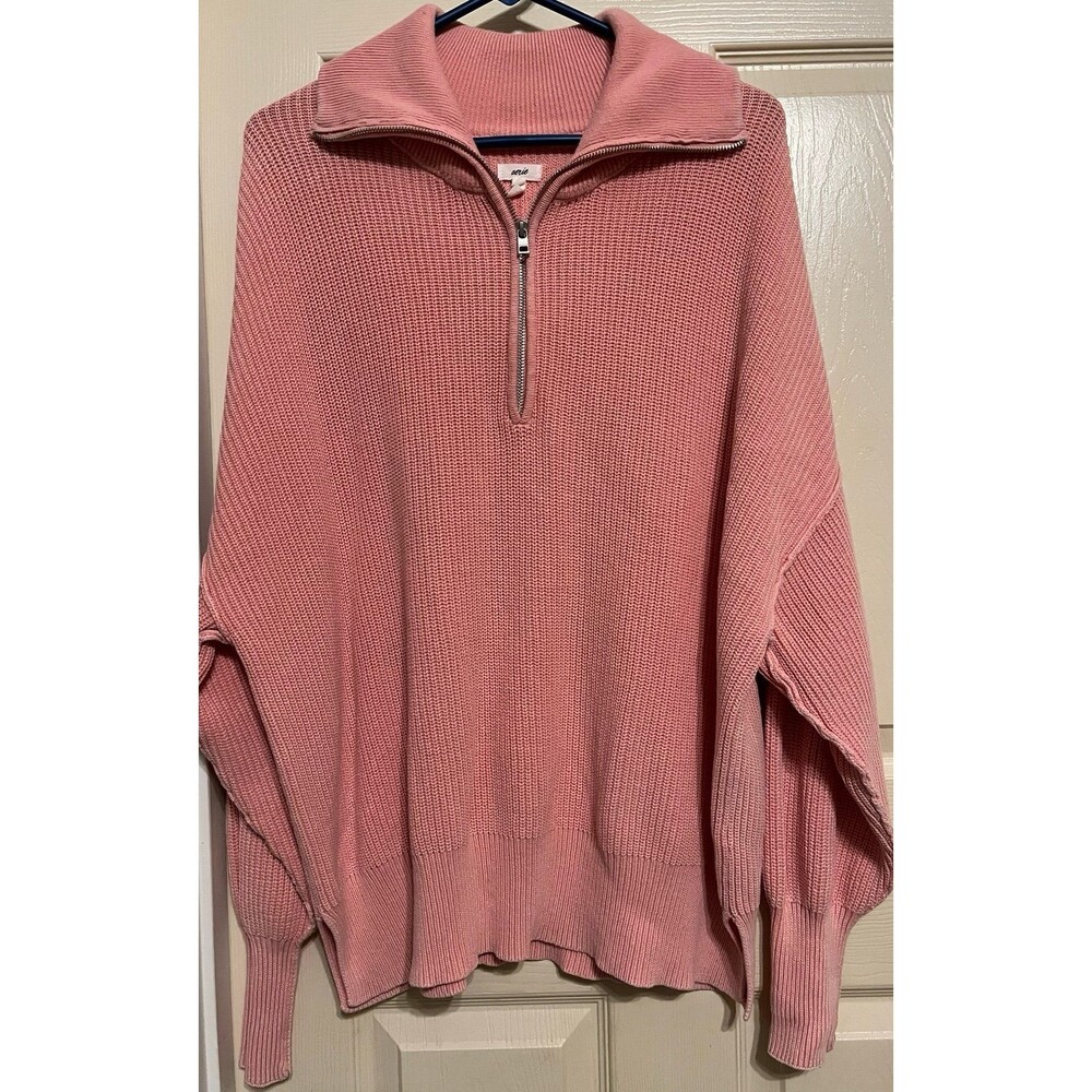 Aerie Beyond Ribbed Quarter Zip Sweater Pink Oversized Cotton Knit Medium M